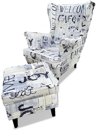 SILKMARKS® Premium Ohrensessel mit Hocker und Typografie-Muster - Einzigartiges Design trifft auf höchsten Komfort - Ideal für Wohnzimmer & Lounges