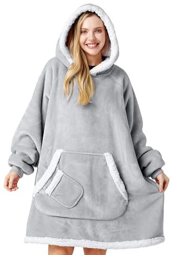 Giggling Getup tragbare Decken Hoodie für Damen Herren, Übergröße Flanell Sherpa Fleece Kapuzen Decke, Weiche, komfortabele, warme Decken Sweatshirt mit riesiger Tasche und Ärmeln für Erwachsene Grau
