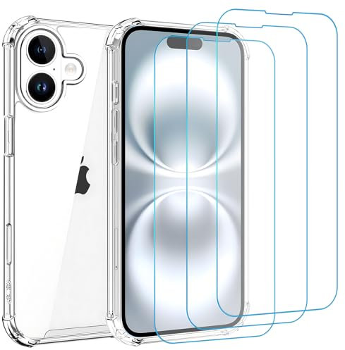 Whioltl Case for iPhone 16 Plus with 3 Pack Tempered Glass Screen Protectors, Crystal Transparent Clear Case for iPhone 16 Plus 6.7 inches, Anti-Scratch and Shock-Absorption Basic Phone Case, 4 in 1