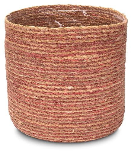 Decorasian Pot de fleurs en jonc de mer - Pot tressé - Panier décoratif avec insert en film plastique de style bohème - Naturel/rose - 27 cm