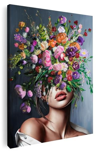 Artmazing | Bunte XXL Blumenwandbild Frau Modern | S-Art Leinwandbild für Wohnzimmer | Deko Poster