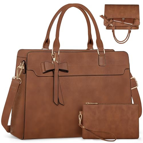RAINSMORE Laptop Bags for Women 15.6 Inch Large Laptop Tote Bag PU Leather Ladies Laptop Handbag with Clutch Bag Water Resistant Work Bags for Business Office School Casual Vintage Brown