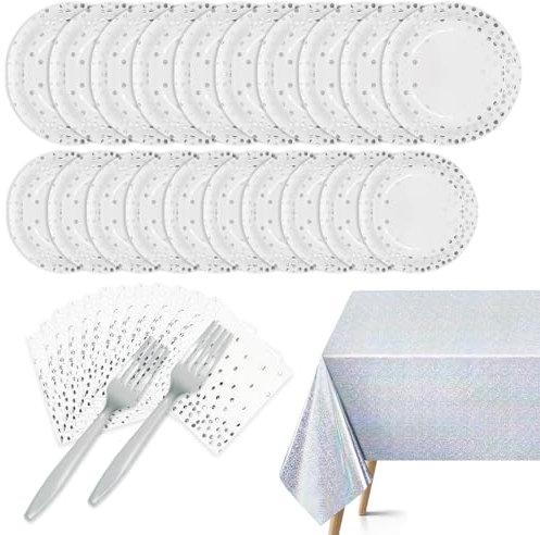 87 Pcs Polka Dot Party Supplies, Silver Napkins Plates and fork, Iridescent Silver Tablecloth, Disposable Dinnerware Set for 24 Guest
