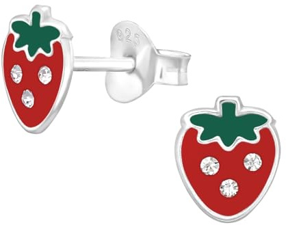 Monkimau Erdbeere Kinder Ohrringe | 925 Silber | Mädchen Ohrstecker Schmuck | Hypoallergen & Nickelfrei | Kinderohrringe Geschenkidee