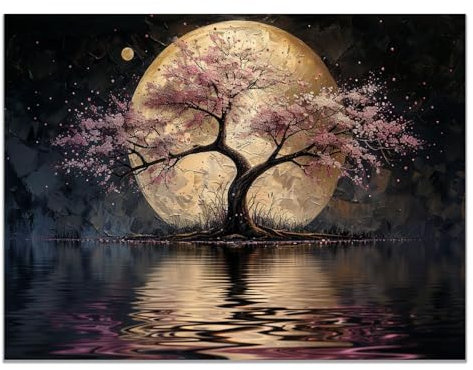 BOHUO Tableau arbre de vie Impression sur toile moderne grand, Lac Moon Tree XXL Affiche Poster Murale Tableaux pour salon d'art mural - 70x100cm Sans cadre(Noir)