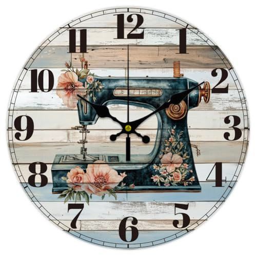 CHGCRAFT 12 Zoll Nähmaschine Wanduhr Retro Stil Batteriebetriebene Wanduhr Stille Nicht Tickende Blumen Runde Dekorative Uhr für Büro Haus Küche Dekor
