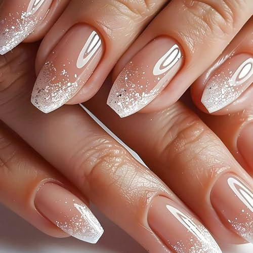 24 Stück Gradient Ballerina Press on Nails Kurz, Rosa Weißem Künstliche Nägel Zum Aufkleben, Quadratische Kunstnägel Kurz, Mittel Ombre Fake Nägel für Frauen (Gradient Glitzer, 24 pcs)