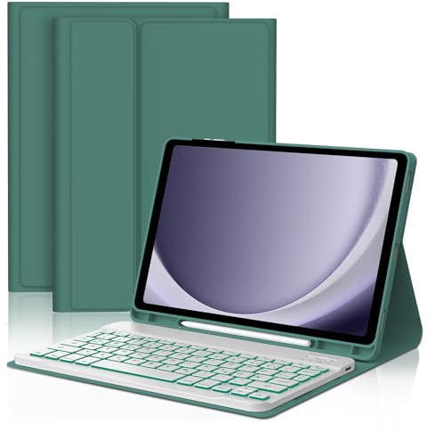 FOGARI Hülle mit Tastatur für Samsung Galaxy Tab A9 Plus 11 Zoll 2023 | Mit 7 Farben Beleuchtung Magnetisch Abnehmbarer Bluetooth Dünne Tastatur und Soft TPU Hülle für Büro/Studie, Dunkelgrün