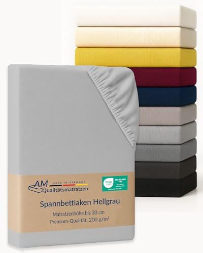 AM Qualitätsmatratzen Premium Spannbettlaken 300x200 Familienbett in Hellgrau - Made in Germany - Oeko TEX zertifiziertes Spannbettlaken für Familienbett Baumwolle (200gsm) - 30 cm hoch - Jersey