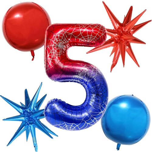 DazzJoy Spidey Geburtstagsdeko 5 Jahre Junge, 5 Stk Spider Luftballon 5 Jahre Junge, Spinne Ballon 5 Geburtstag Jungen, 40 Zoll Spinne Folienballon Zahl 5, Spider Deko Ballons Geburtstag 5 Jahr Jungen