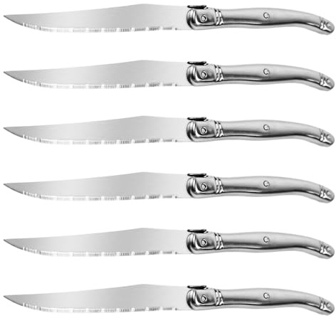 FSYGloryGlides Couteaux à Steak Style Classique – Set de 8, Lames Dentelées en Acier Inoxydable, Manche en Bois Naturel, Usage Quotidien & BBQ, Coffret Cadeau (Ensemble 6 pièces argenté)