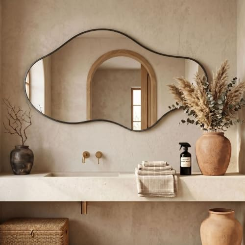 Fahomiss Asymmetrical Wall Mirror, 50 * 90 Black Irregular Abstract Shatter-Proof Aluminum Alloy Decorative Wavy Framed Mirrors for Bathroom, Bedroom, Cloakroom, Entryway