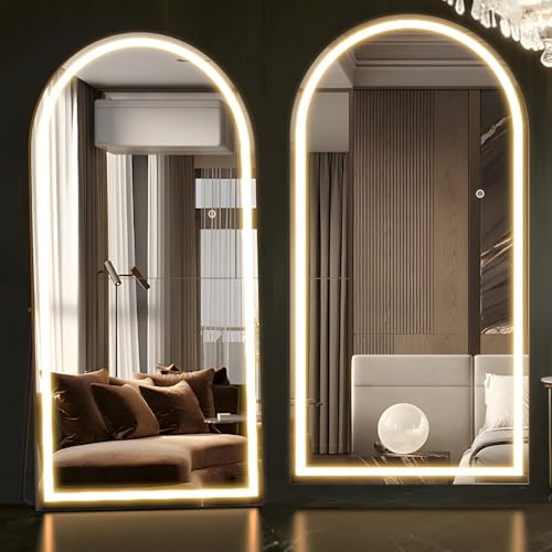 NEUWEABY Gewölbter Spiegel in voller Länge mit Beleuchtung, 180x80cm Beleuchteter Bodenspiegel, LED-Spiegel Wandmontiert Dimmbar & 3-Farben-Beleuchtung für Schlafzimmer, Weiß