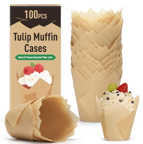 Alyvisun 100PCS Tulip Muffin Cases, Greaseproof Baking Cups for Cupcakes | Muffin Liners Paper Cups for Home Baking, Parties and Cafés, Non-Stick Tulip Cupcake Cases in Kraft Box Packaging