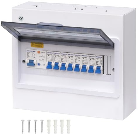 TRWUDRFA Coffret Electrique Etanche - Tableau électrique apparent d’interrupteur différentiel 100A et disjoncteurs 3x10A+3x16A+1x20A+1x32A, Coffret de protection pour maison, bureau, centre commercial