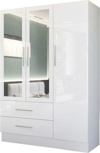 MN Furniture High Gloss 3 Door Hinged Wardrobe with Mirror, Drawers Shelves & Hanging Rail, Freestanding Bedroom Storage (White, 120cm)