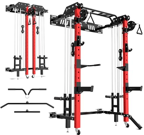 MEGASTAR FITNESS Power Cage, Folding Power Rack, 2000LBS Wall Mounted Squat Rack with Cable Pulley System, Landmine Attachment and Multi-Grip for Home Gym Small Spaces