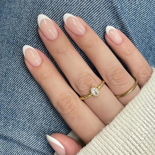 UNA GELLA French Tip Press On Nails Nude Pink Almond Fake Nails Kits 32 Pcs