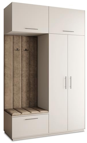 Masseno Flugarderoben Set Rema, Kleiderschrank-Set mit Sitzbank, Garderobenschrank Flur mit 5 Regalböden, Kaschmir