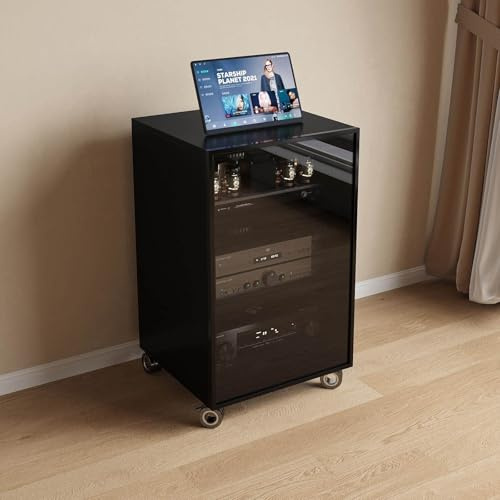 Audio Rack HiFi Regal mit GlasTüren, TV Schrank für Komponenten, Stereo Rack Soundturm mit Rollen, Phonoschrank für Plattenspieler, Audio Video Regal HiFi Rack(Black+Black,B)
