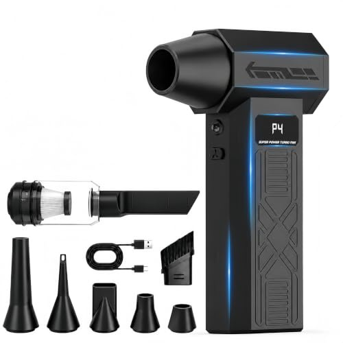 Powerful Electric Air Duster, 150,000 RPM 3-in-1 Cordless Air Blower, Vacuum & Inflator, 4-Speed Rechargeable Compressed Air Cleaner for PC with LED Display, Light & 6 Nozzles for House & Outdoor