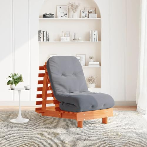 TUERYAFEK Futon Schlafsofa mit Matratze Braun, Massivholz Kiefer, verstellbare Rückenlehne, Lattenrost, 60x206x11 cm, klappbares Sofabett für Wohn- und Gästezimmer