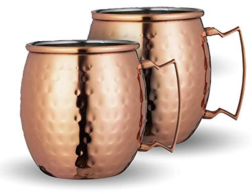 Chef's Star Set of 2 Handmade Hammered Copper Moscow Mule Mug and 2 Copper Shot Glasses - 100% Pure Copper with Brass Handle - Hammered Moscow Mule Mug Cup