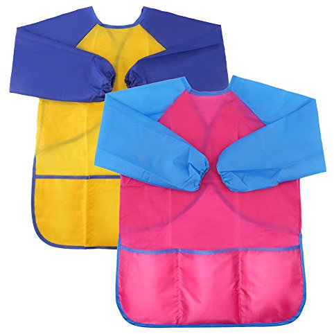VEYLIN Kids Painting Aprons Large Size 2-pack, Waterproof Toddler Art Smocks With Long Sleeves And 3 Pockets, Kids Ages 2-8 Artist Smocks