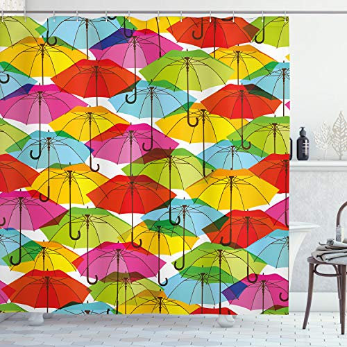 ABAKUHAUS Bunt Duschvorhang, Lebhafte Regenschirmfiguren, mit 12 Ringe Set Stielvoll Modern, 175x200 cm, Grün Gelb