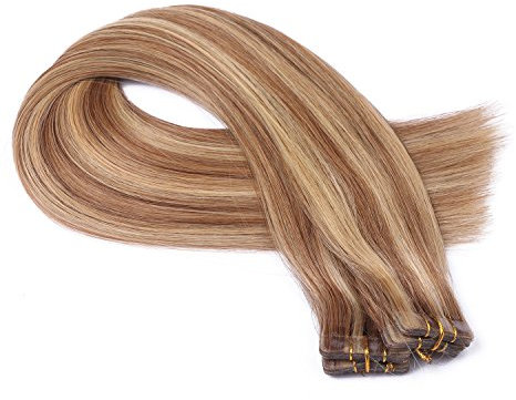 Tape In - On Hair Extensions - # 18/24 GESTRÄHNT - 50cm - 50 Tressen je 4cm Breit / 2,5g - 100% Remy Echthaar Haarverlängerung/Extention mit Klebeband Tressen by NOVON Hair Extentions