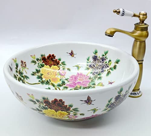 Flower Butterfly Pattern Vintage Paisley Floral Patterned Glazed Bathroom Cloakroom Round White Ceramic Porcelain Counter Top Kasbah Wash Basin Sink Washing Bowl 400 X 150 mm
