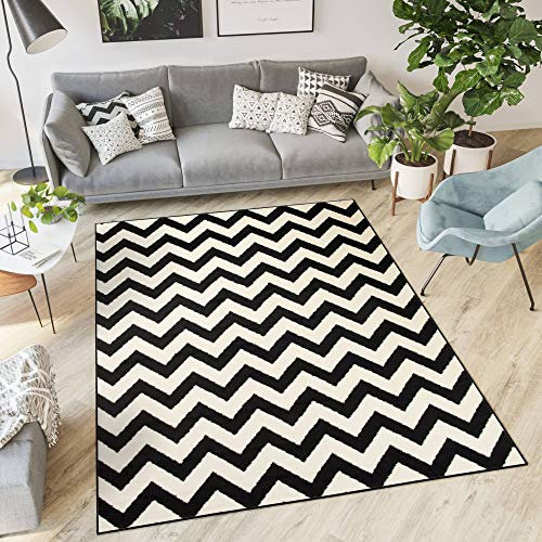 TAPISO Dream Teppich Wohnzimmer Modern Kurzflor Weiß Schwarz Geometrisch Zig Zag Streifen Gestreift Schlafzimmer ÖKOTEX 120 x 170 cm