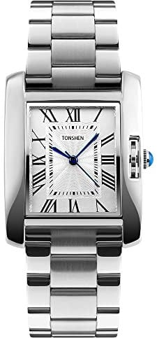 TONSHEN Luxus Fashion Damenuhr Rechteck Edelstahl Römische Nummer Casual Elegant Analog Quarz Uhren (Silber)