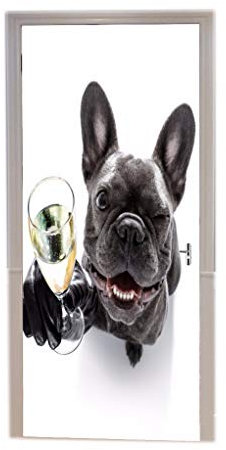 A.Monamour Türtapeten Selbstklebend 3D Lustiger Hund Der Französischen Bulldogge, Der Festival Mit Champagnerglasweißhintergrund Feiert Türtapete Türposter Tapete 77x200cm