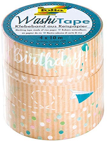 folia 26446 - Washi-Tape, Klebeband aus Reispapier, 4er Set Kraftpapier Happy Birthday, 3 Rollen 10 m x 15 mm und 1 Rolle 10 m x 5 mm, ideal zum Verzieren und Dekorieren, für Scrapbooking