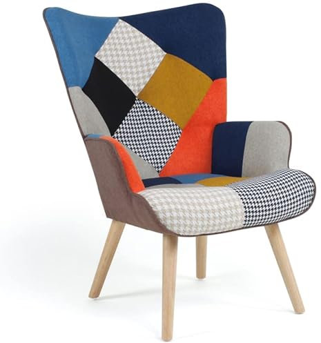 IDMarket - Skandinavischer Sessel Ivar aus mehrfarbigem Patchwork-Stoff und Hahnentrittmuster