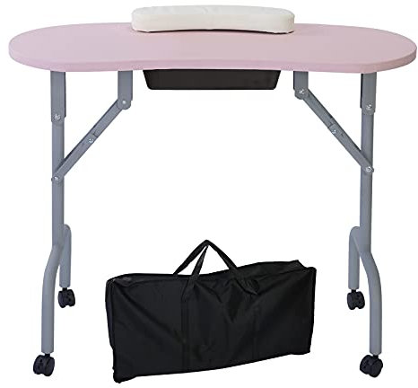 AGESISI Portable Manicure Table Foldable Nail Desk with Large Drawer Nail Tech Table for Technician Salon Workstation Client Wrist Cushion/Carry Bag/4 Lockable Wheels, 36-inch, Pink