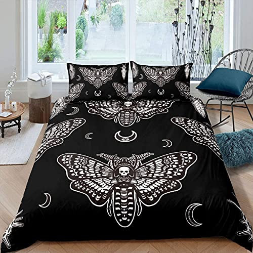 Boho-Motten-Bettbezug für Jungen, Einzelbettgröße, Gothic-Totenkopf-Bettwäsche-Set für Mädchen, Frauen, Bohemian-Stil, Mond, Stern, Skelett- und Knochen-Bettwäsche und Leinen, 2-teilig