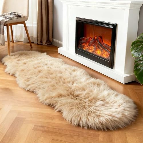 linmopm - Tappeto runner in finta pelliccia di pecora, beige, 0,6 x 1,8 m