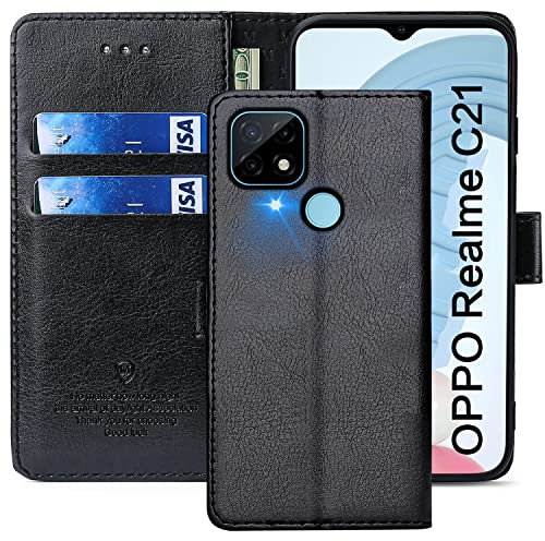 FMPCUON Funda para OPPO realme C21,Funda Libro OPPO realme C21 Funda con Tapa,Cuero Carcasa Magnético Funda Cartera Móvil para OPPO realme C21, Negro