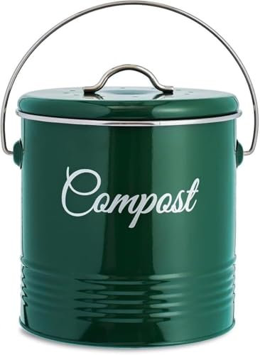 Innoteck Essentials Compost Bucket - 3 Litre Kitchen Composting Bucket - Charcoal Filters and Lid for Indoor Organic Food Waste Recycling - Metal Kitchen Compost Bin - Glossy Green