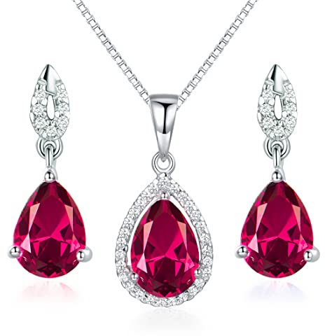Rot Rubin Tropfen Schmuckset 925 Sterling Silber Damen Kette Ohrring Halskette Anhänger Ohrstecker 40+5CM Kettenlänge Geschenkverpackung mit Schöne Schmuck Box