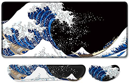 Auhoahsil Lot de 3 grands tapis de souris avec repose-poignet en mousse à mémoire de forme + tapis de souris de jeu XXL étendu + tapis de poignet de souris, tapis de bureau ergonomique pour homme et