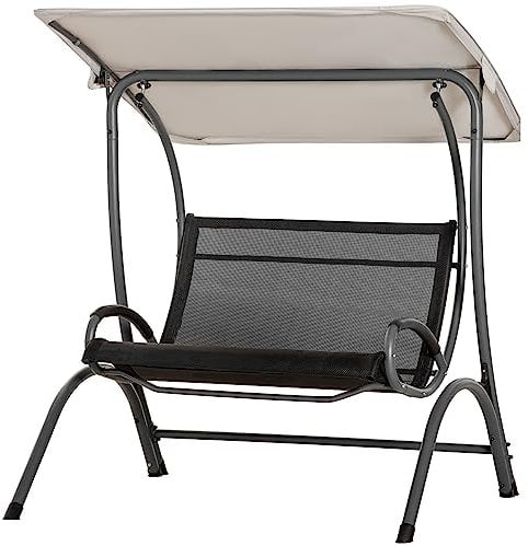 Outsunny 2 Seater Garden Swing Seat Double Bed Swing Chair Outdoor Hammock Bench w/Adjustable Tilting Canopy, Texteline Seats and Steel Frame, Beige