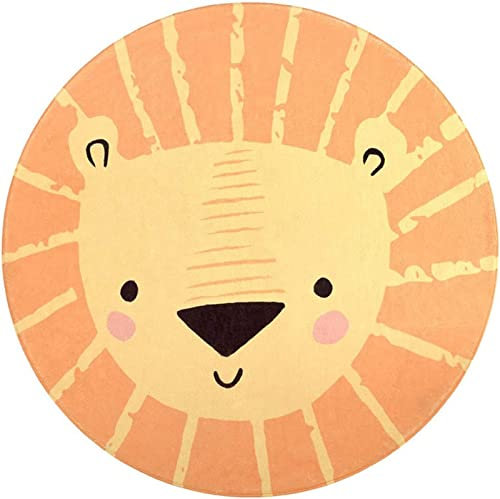 UYWEGRFK Kinderteppich Rund rutschfeste Waschbare Teppich orange Cartoon-Löwe Pädagogischer Lernteppich für Schlafzimmer Wohnzimmer Spielteppich Für Kinderzimmer 140 cm