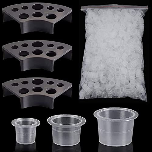 Emalla 3pcs Black Tattoo Ink Cup Holder and 300pcs Ink Caps - 100 Small, 100 Medium, 100 Large