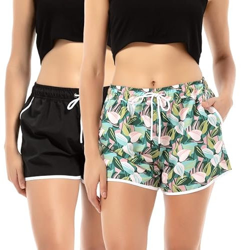 LARGERED Short de Bain Femme Short Plage Respirant à séchage Rapide Pantalon de Plage avec Cordon Ajustable pour Sport Surf 2 Paires Noir Feuilles XXL