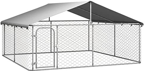 Festnight Perrera de Exterior con Techo Parque para Perros con Toldo Perrera Metálica con Puerta con Candado Jaula para Perros Mascota de Acero Galvanizado, Plateado 300x300x150 cm
