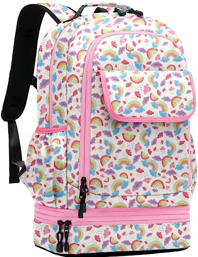 Leaper Süßer Schulrucksack für Mädchen, wasserabweisend, doppelstöckig, isolierte Lunchtasche, Laptop-Rucksack, Reise-Tagesrucksack, Hellrosa-Regenbogen [8026], Medium-14
