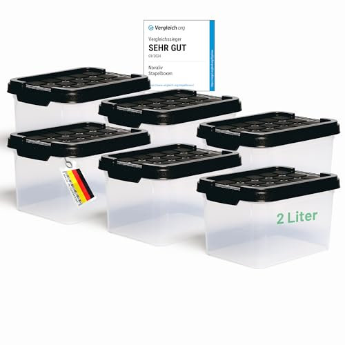Novaliv 6x Aufbewahrungsboxen mit Deckel klein 2 L Anthrazit Nestbar stapelbare Plastikboxen mit Clipverschluss Kunststoff BPA-frei 19 x 14 x 11 cm